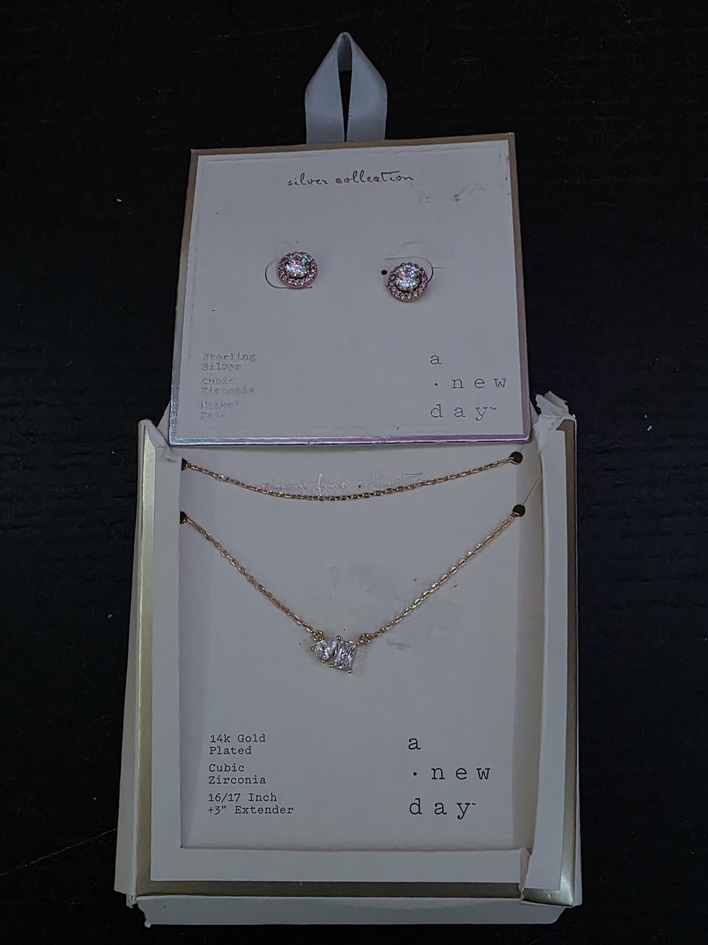 a new day Rose Gold Necklace and Stud Earrings with Pink Stones
